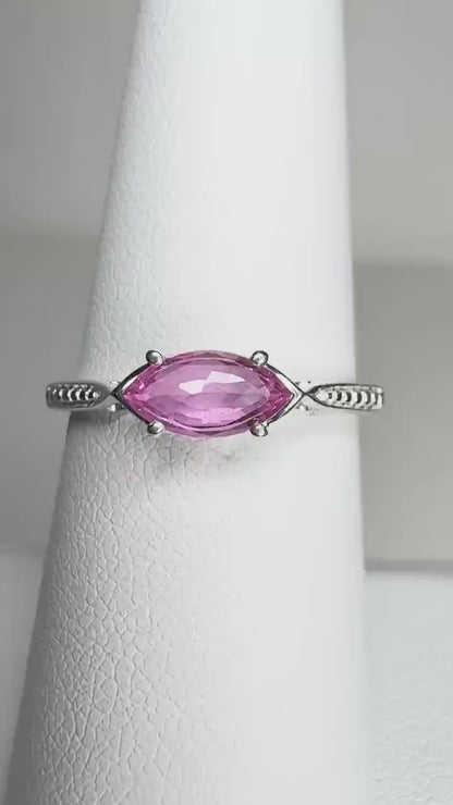 Natural Pink Sapphire Marquise Solitaire East West Set Ring in Sterling Silver size 7