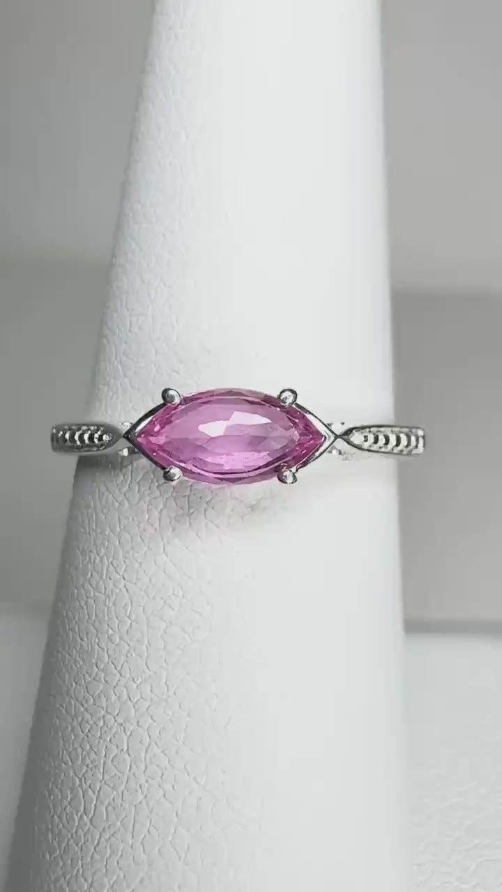 Natural Pink Sapphire Marquise Solitaire East West Set Ring in Sterling Silver size 7