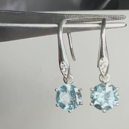 Blue Topaz and Zircon Dangle Drop Earrings in Sterling Silver 8mm