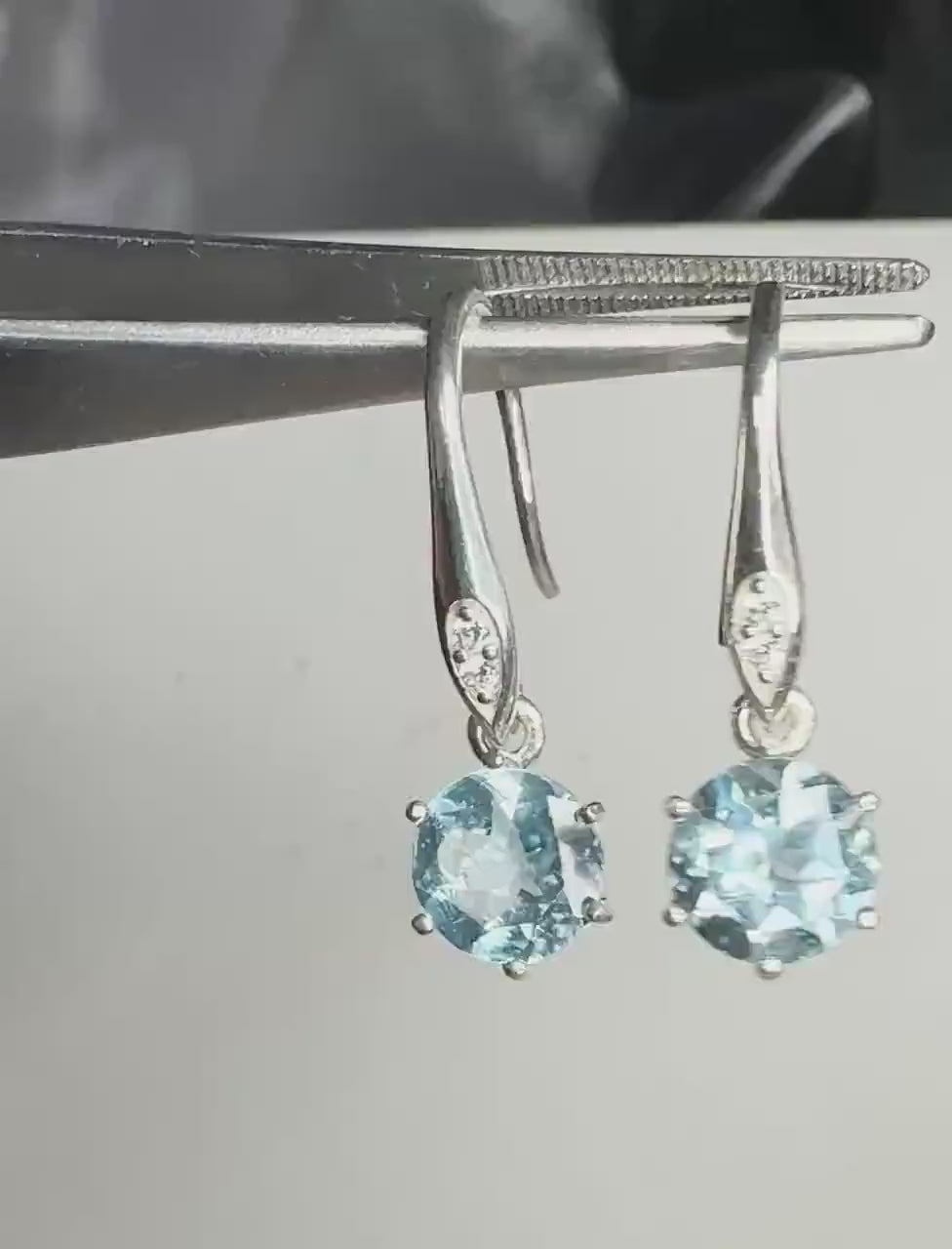 Blue Topaz and Zircon Dangle Drop Earrings in Sterling Silver 8mm
