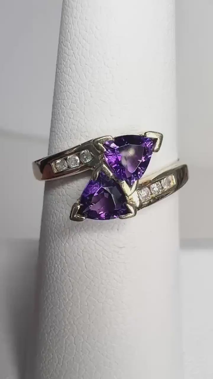 Amethyst Trillion Bypass Ring with Diamonds in Solid 10k Gold size 6