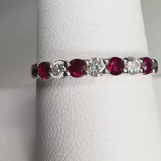 Natural Ruby and Diamond Stsackable Band Ring Solid 14k White Gold size 9.25