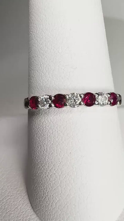 Natural Ruby and Diamond Stsackable Band Ring Solid 14k White Gold size 9.25