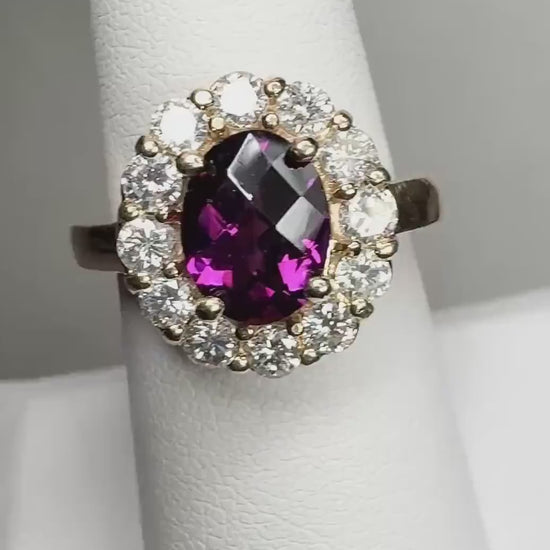 Checkerboard Faceted Rhodolite Garnet Halo Ring with 1ctw of Diamonds 7.8g size 7