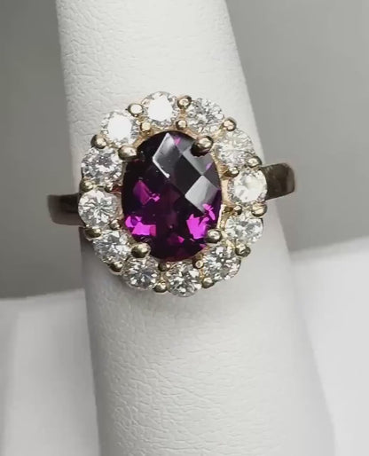 Checkerboard Faceted Rhodolite Garnet Halo Ring with 1ctw of Diamonds 7.8g size 7