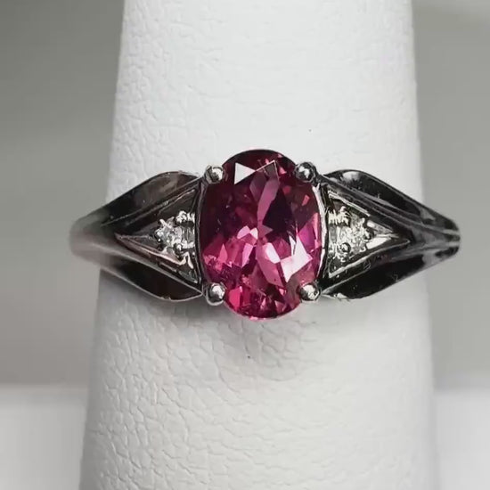 Natural Pinkish Red Rubellite Tourmaline and Diamond Ring in Solid 10k White Gold size 6.75