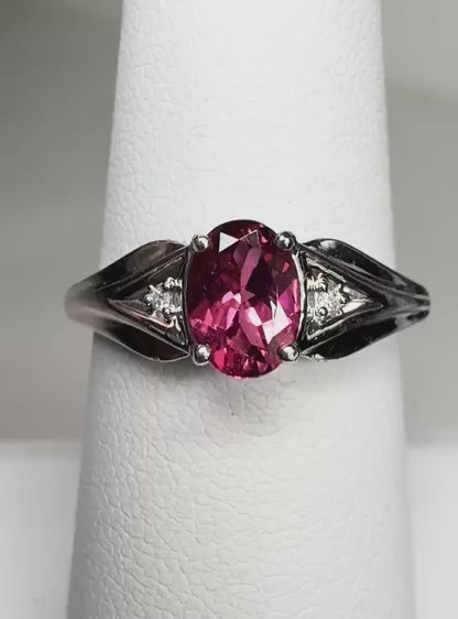 Natural Pinkish Red Rubellite Tourmaline and Diamond Ring in Solid 10k White Gold size 6.75