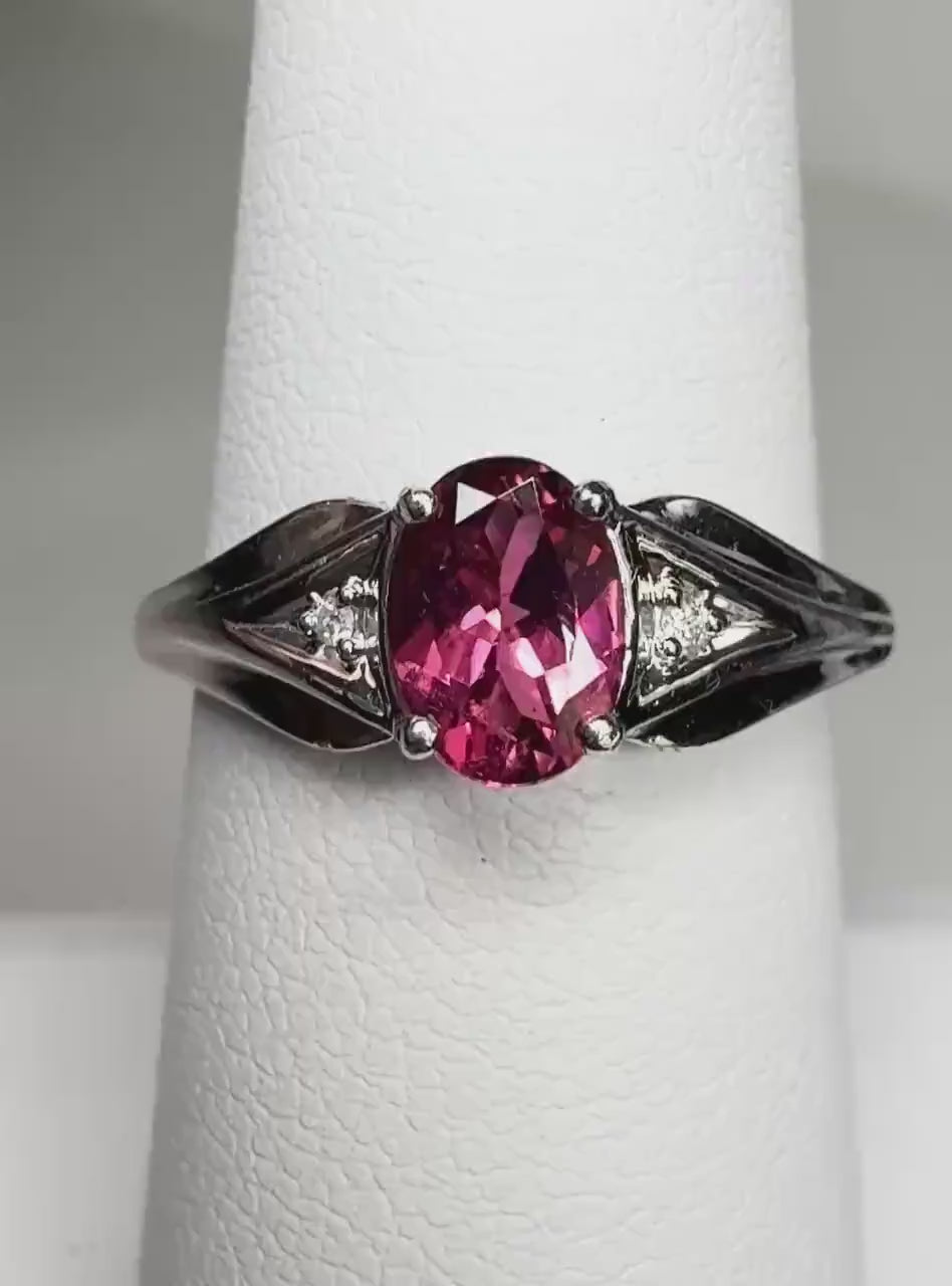 Natural Pinkish Red Rubellite Tourmaline and Diamond Ring in Solid 10k White Gold size 6.75