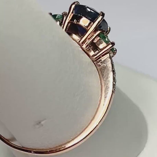 Natural Blue Sapphire and Emerald and diamond ring in solid 10k rose gold size 7.75