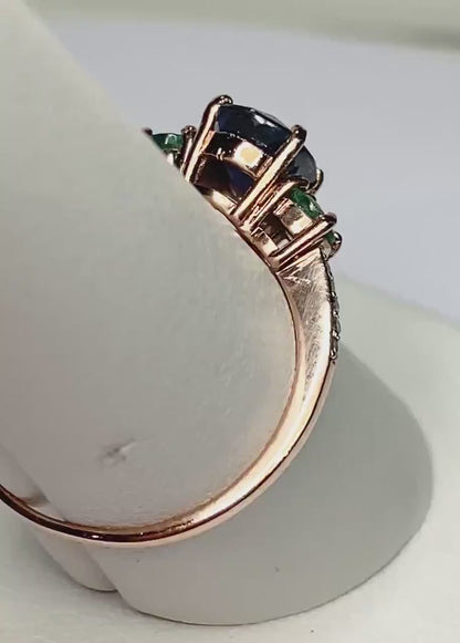 Natural Blue Sapphire and Emerald and diamond ring in solid 10k rose gold size 7.75