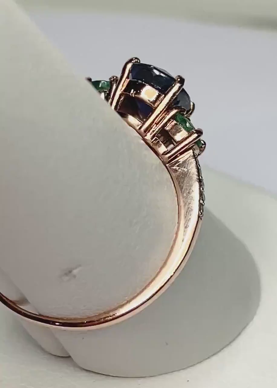 Natural Blue Sapphire and Emerald and diamond ring in solid 10k rose gold size 7.75