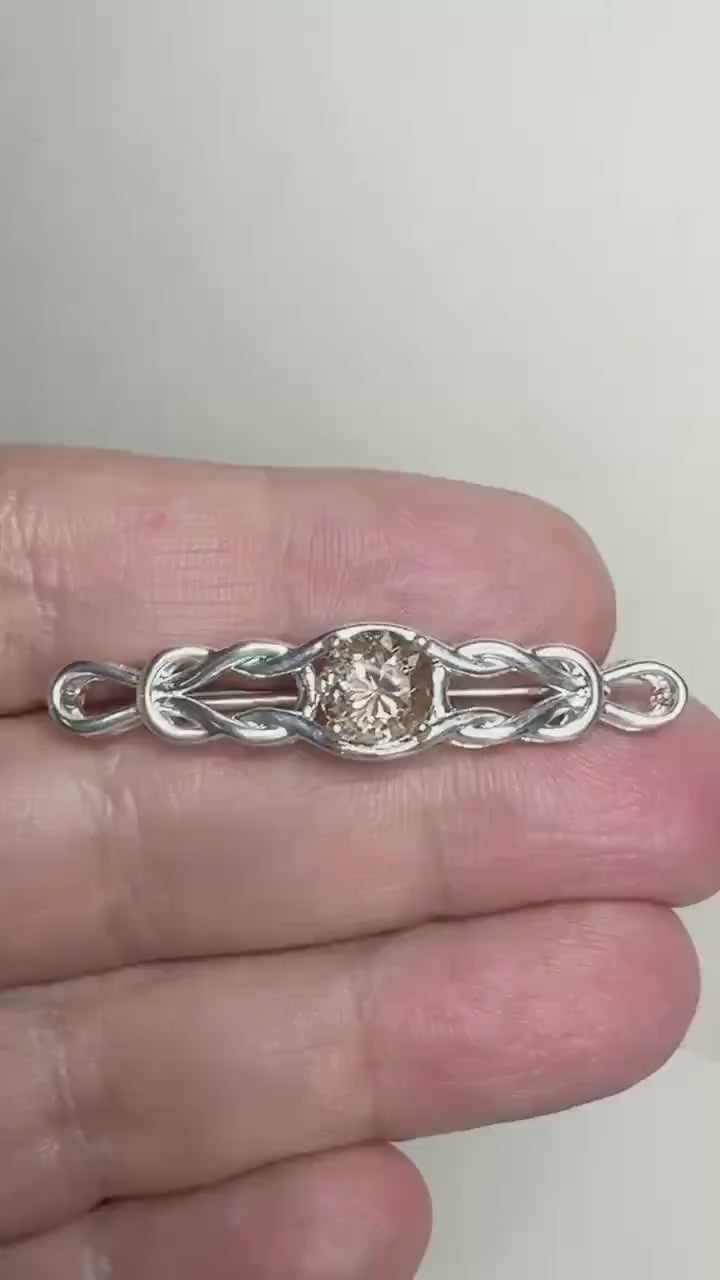 Oregon Sunstone Celtic Style Knot Bar Brooch in Solid Sterling Silver