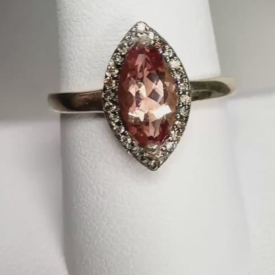 Oregon Sunstone Marquise Halo Champagne Diamond Ring Solid 10k Gold size 9 PLEASE READ