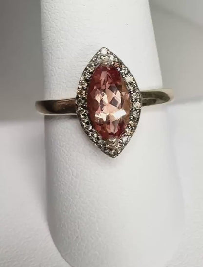 Oregon Sunstone Marquise Halo Champagne Diamond Ring Solid 10k Gold size 9 PLEASE READ