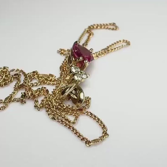 Rubellite Tourmaline and Diamond Pendant and Necklace Solid 14k Gold 18"