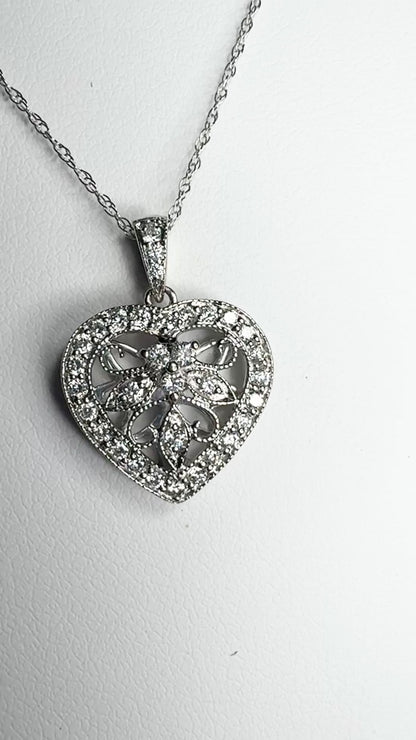 Natural Diamond Encrusted Heart Pendant Necklace in Solid 14k White Gold 18" 1/2ctw