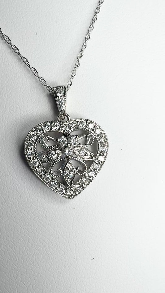 Natural Diamond Encrusted Heart Pendant Necklace in Solid 14k White Gold 18" 1/2ctw