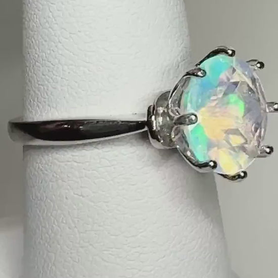 Natural Faceted Crystal Opal from Ethiopia Solitaire Ring in Sterling Silver size 7