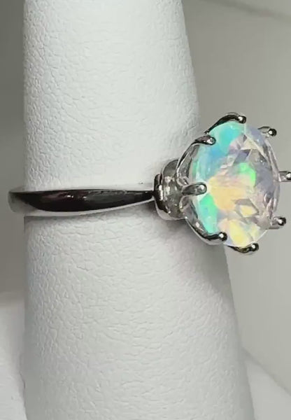 Natural Faceted Crystal Opal from Ethiopia Solitaire Ring in Sterling Silver size 7