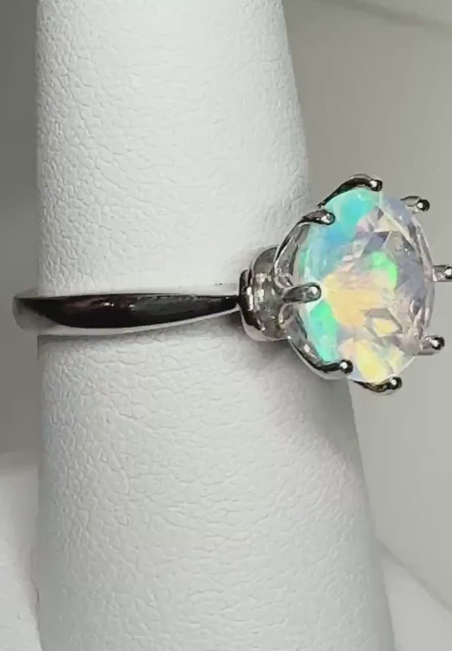 Natural Faceted Crystal Opal from Ethiopia Solitaire Ring in Sterling Silver size 7