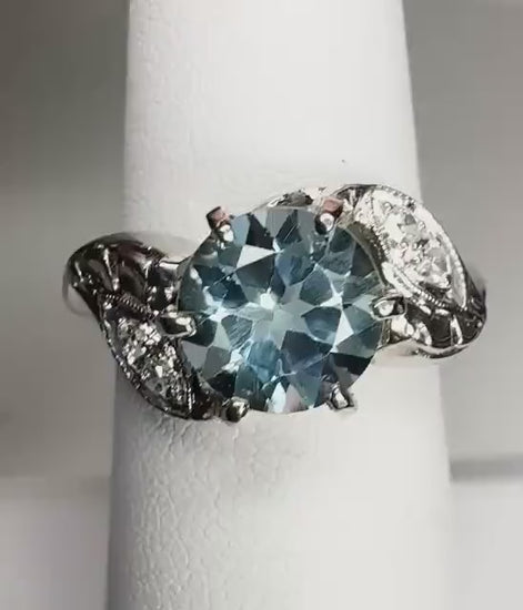 Vintage Blue Topaz and Diamond Retro Mid-Century Ring in Solid 14k White Gold size 6.5