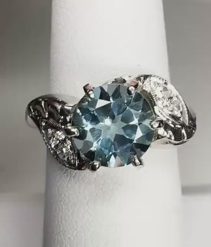 Vintage Blue Topaz and Diamond Retro Mid-Century Ring in Solid 14k White Gold size 6.5