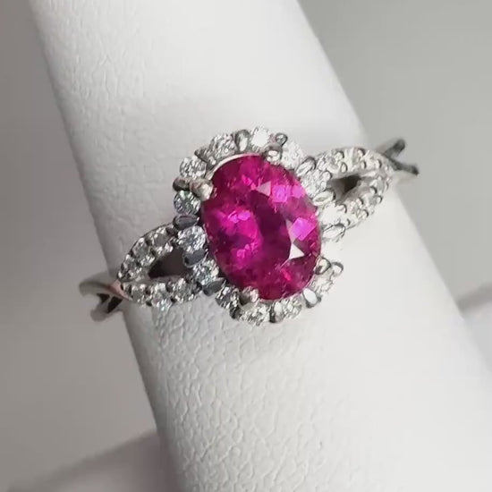 Rubellite Tourmaline and Diamond Halo Ring in Solid 10k White Gold size 7