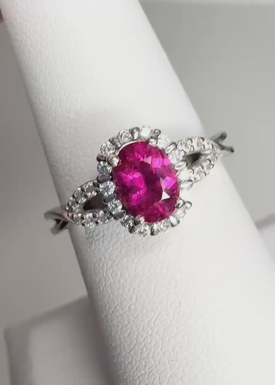 Rubellite Tourmaline and Diamond Halo Ring in Solid 10k White Gold size 7