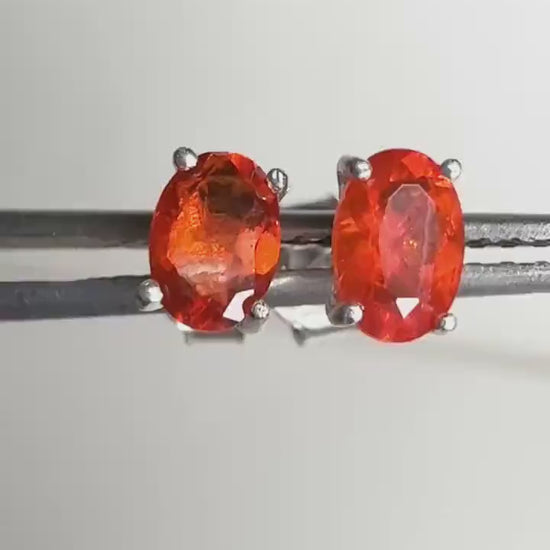 Mexican Fire Opal Oval Solitaire Stud Earrings in Sterling Silver 6x4mm oval