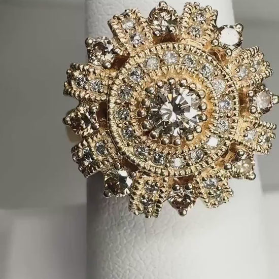 Bold Natural Champagne Diamond Sunburst Style Ring in Solid 14k Gold size 7 almost 10g