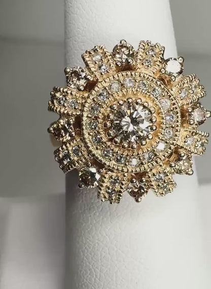 Bold Natural Champagne Diamond Sunburst Style Ring in Solid 14k Gold size 7 almost 10g