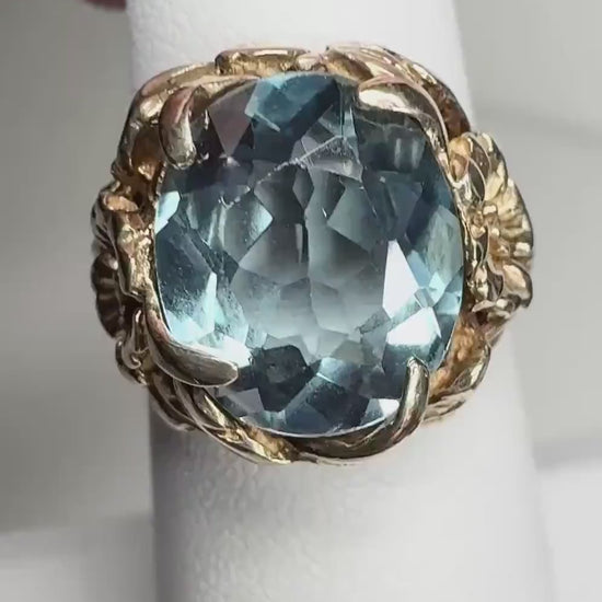 Large Mid-Century Color Shift Blueish Synthetic Spinel Floral Ring in Solid 10k Gold size 6