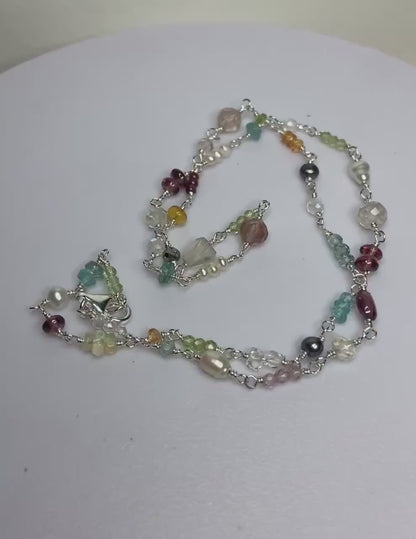 Natural Multi-Gemstone Beaded Necklace Colorful and Eclectic 16.75"