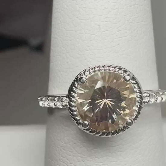Oregon Sunstone Rope Design Solitaire Ring in Sterling Silver with White Topaz size 8