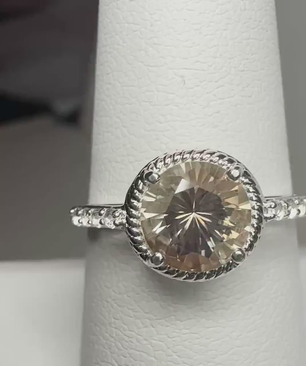Oregon Sunstone Rope Design Solitaire Ring in Sterling Silver with White Topaz size 8