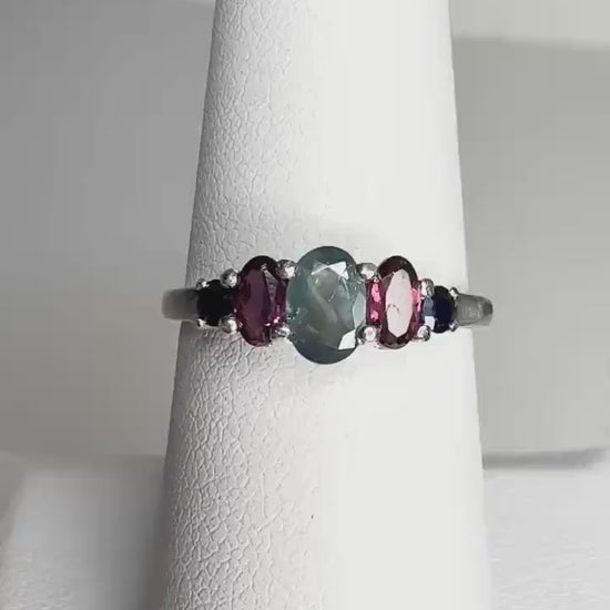 Natural Alexandrite Rhodolite Garnet and Blue Sapphire Band Ring in Sterling Silver  size 7 PLEASE READ