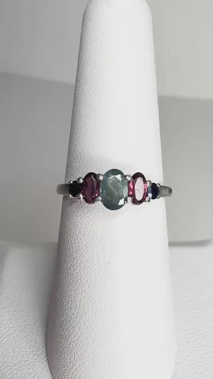 Natural Alexandrite Rhodolite Garnet and Blue Sapphire Band Ring in Sterling Silver  size 7 PLEASE READ