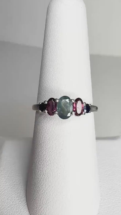 Natural Alexandrite Rhodolite Garnet and Blue Sapphire Band Ring in Sterling Silver  size 7 PLEASE READ