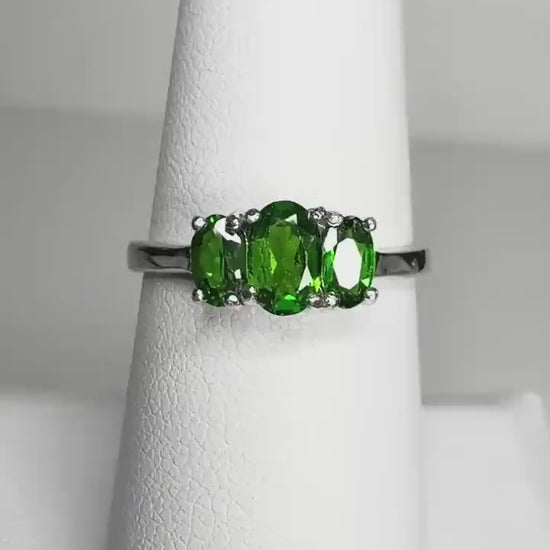 Chrome Diopside 3 stone trilogy Ring in Sterling silver size 7