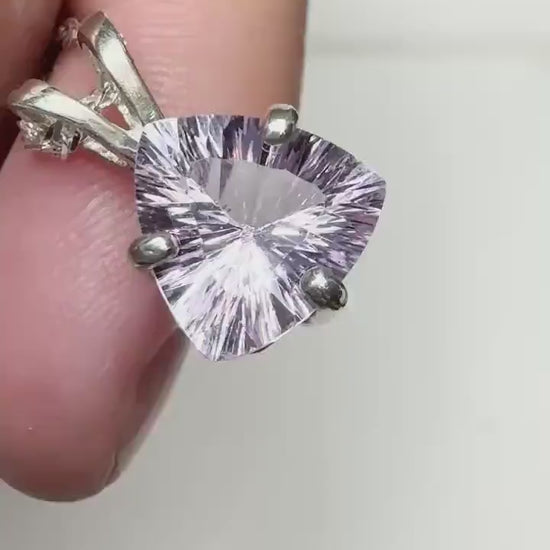 Kunzite Trillion Quantum Cut Pendant Necklace in Sterling Silver 24"