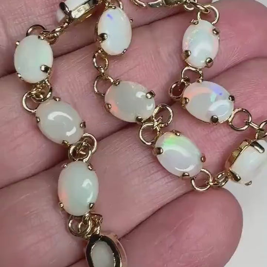 Natural Australian Opal 8x6mm Stones Tennis Style Bracelet Gold Plated 7.25"