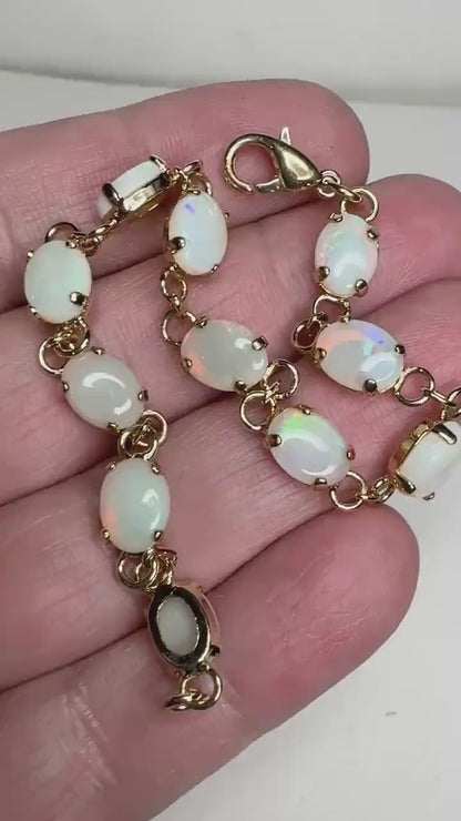 Natural Australian Opal 8x6mm Stones Tennis Style Bracelet Gold Plated 7.25"