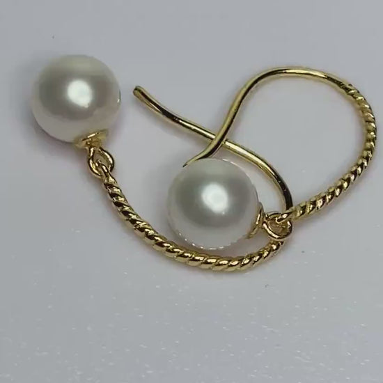 Classic Genuine Cultured Pearl Dangle Drop Twist Wire Earrings Gold Plated Sterling Silver 7mm