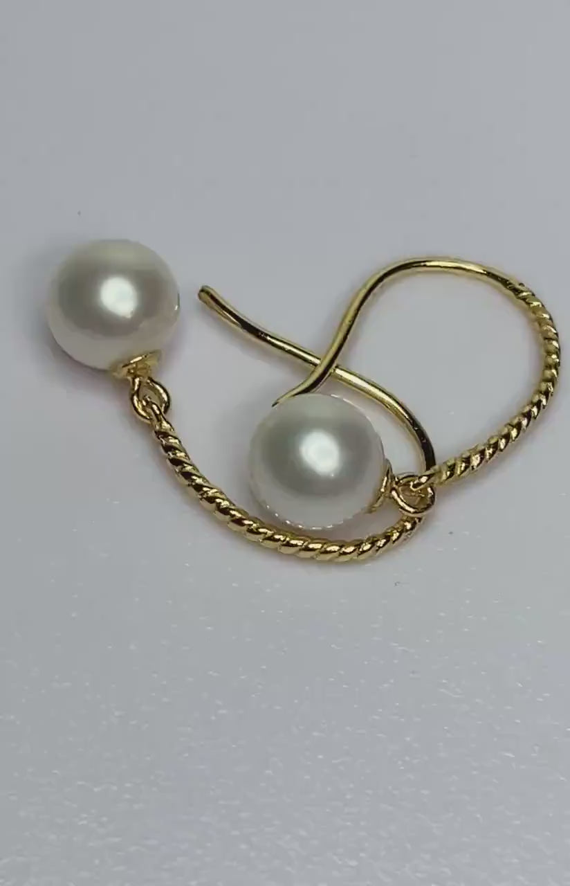 Classic Genuine Cultured Pearl Dangle Drop Twist Wire Earrings Gold Plated Sterling Silver 7mm