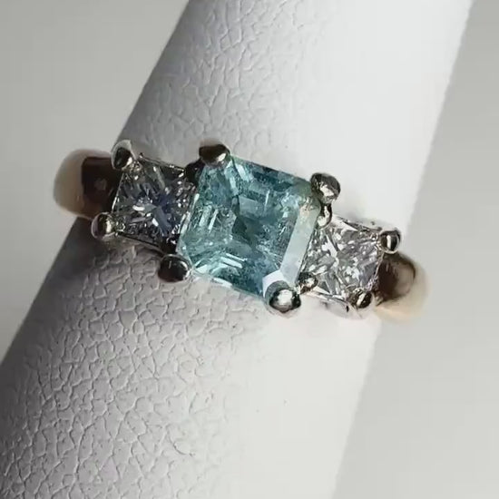 Blue Asscher Cut Paraiba Tourmaline from Mozambique and Natural Diamond in Solid 14k Gold size 5.5
