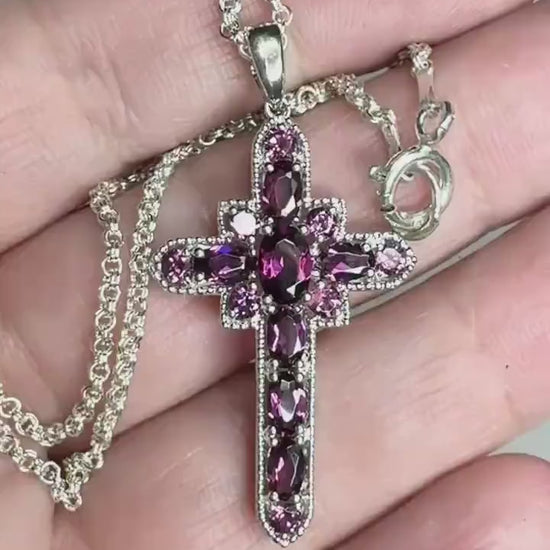 Stunning Rhodolite Garnet Cross Pendant Necklace in Sterling Silver 18"