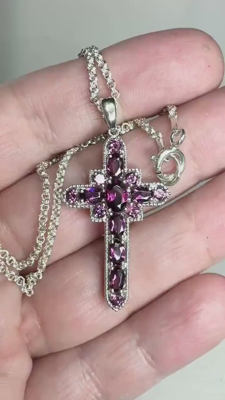 Stunning Rhodolite Garnet Cross Pendant Necklace in Sterling Silver 18"