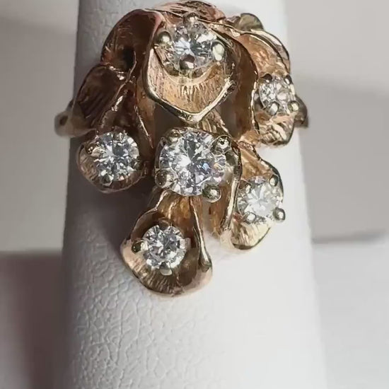 Beautiful Mid Century Cascading Floral Lilies Diamond Cocktail Style Ring in Solid 14k Gold .75ctw size 7.25
