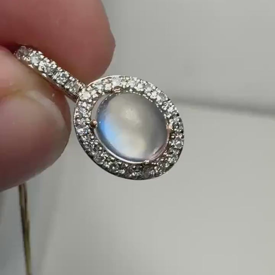 Antique Blue Sheen Moonstone in Diamond Halo Pendant Necklace Solid 10k Gold Adjustable 16"/17"/18" PLEASE READ