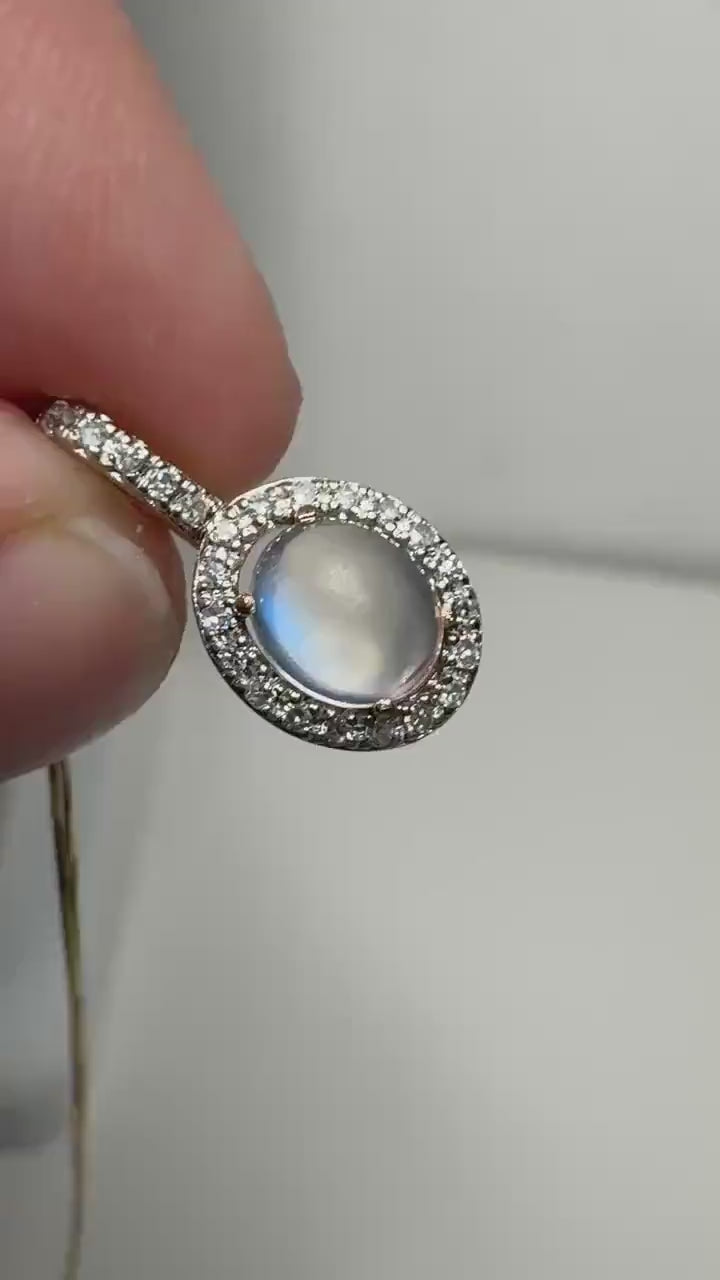 Antique Blue Sheen Moonstone in Diamond Halo Pendant Necklace Solid 10k Gold Adjustable 16"/17"/18" PLEASE READ